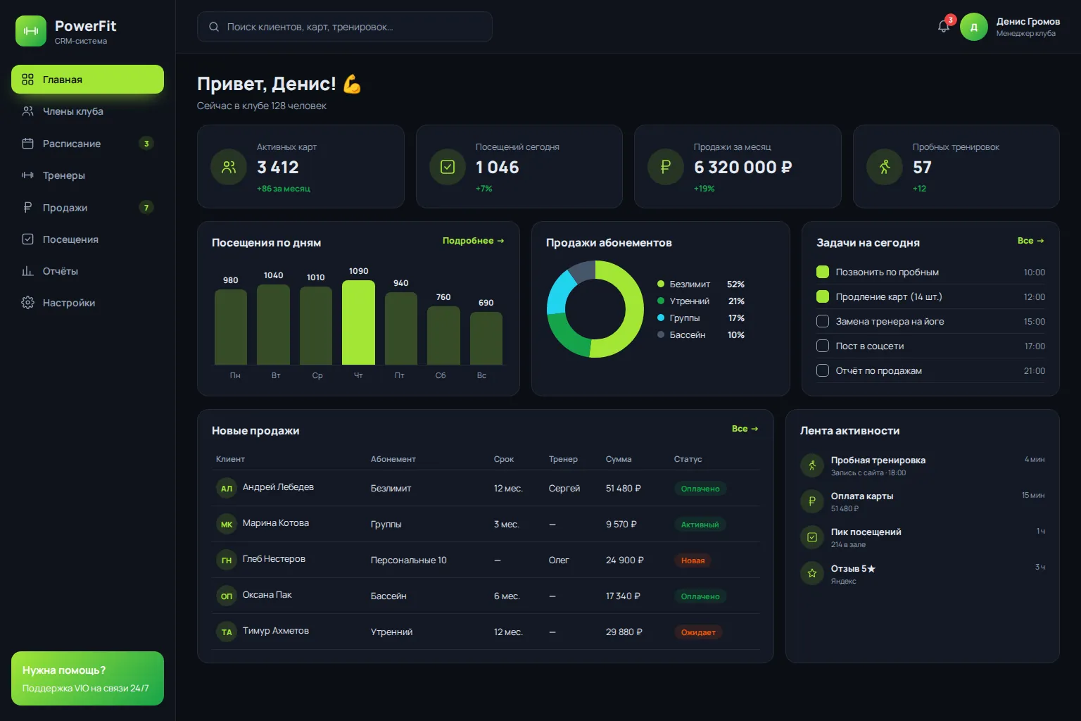 Фитнес-клуб «PowerFit» — сайт с расписанием + CRM — экран 2